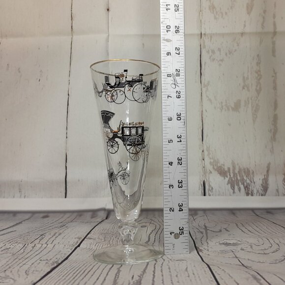 Libbey Champagne Glass Curio Carriage Set Of 5 Trumpet Fluted MCM Black Gold Car - Picture 10 of 11